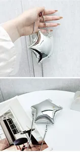 Detail of silver star-shaped acrylic mini bag with elegant metal shoulder chain