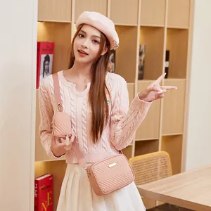 Elegante conjunto de bolsos de cámara bordados en rosa con bolsa pequeña para mujer