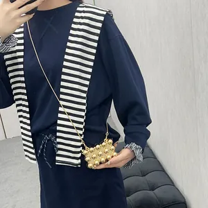 Fashionable gold acrylic beaded mini lipstick bag with metallic chain for girls