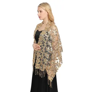 Elegant gold sequined lace shawl with tassel hem for evening party dress and events