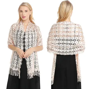 Elegant Polyester Embroidery Lace Shawl With Tassels Hollow Out Floral Wrap Scarf For Evening Wedding Party Dresses Women Jewelry Accessories