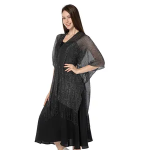 Sparkling black metallic shawl wrap with elegant fringe detail for evening dresses