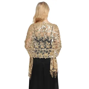 Elegant back view of gold sequin tassel shawl with floral embroidery and fringes