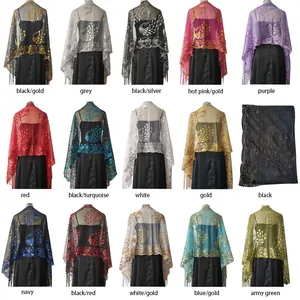 Detailed view of multi-color peacock embroidered sequin shawls with fringe for gowns.