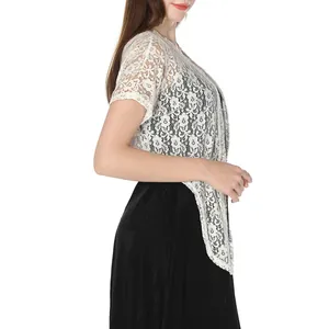 Detailed view of elegant white floral lace shrug for evening gowns and dresses