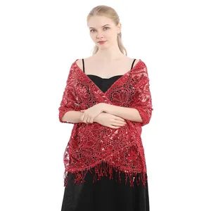 Close-up detail of an elegant red sequin fringe shawl tailored for evening dress.
