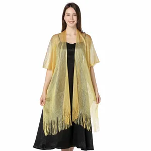 Elegant gold metallic shimmer shawl with fringe detail for formal evening dresses