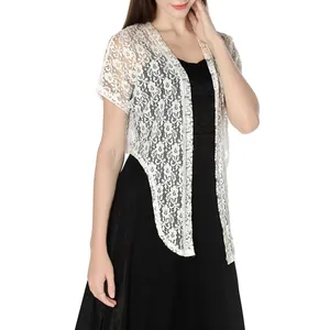 Detailed view of elegant white floral lace short-sleeved shrug cardigan for women