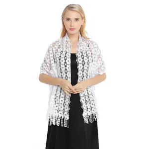 Elegant white lace shawl wrap with floral embroidery and tassels for evening dress