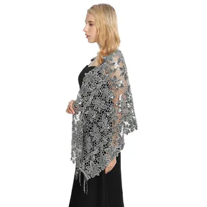 Elegant silver sequined lace shawl with tassels for evening dresses and party wear.