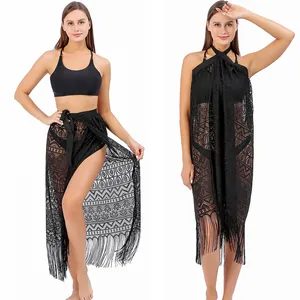 Women Plus Size Lace Beach Sarong Wrap Tassel Fringe Bikini Cover Up Sheer Hollow Geometric Pattern Summer Resort Wear