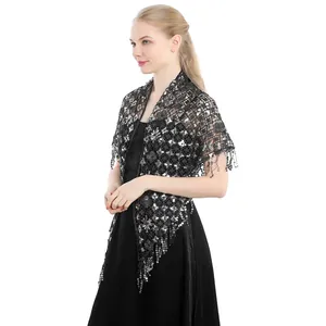 Elegant black mesh shawl with silver flower sequins and tassel fringe for party