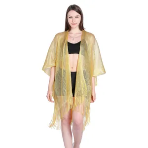 Elegant gold metallic sheer cover-up with fringe detail for beach