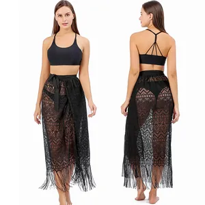 Women Sexy Lace Beach Cover-Up Dress Solid Color Hollow Out Halter Sarong Wrap Skirt