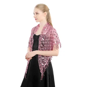 Elegant pink sequin lace wedding shawl with fringe tassels for evening party dress