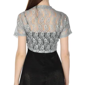Detailed back view of an elegant silver grey floral lace shrug bolero for women