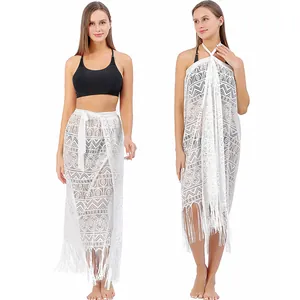 White lace beach sarong wrap skirt and multiway bikini cover-up with fringe tassels