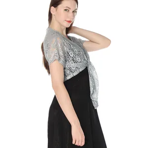 Elegant grey lace shrug shawl with floral pattern and front tie for evening dress outfit