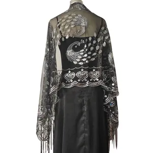 Elegant black mesh shawl with silver sequin peacock embroidery and tassels back view