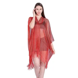 Elegant red metallic mesh shawl with long tassels, perfect beach bikini cover-up