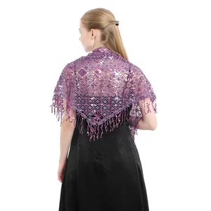 Detailed back view of an elegant purple sequin tassel shawl for evening parties