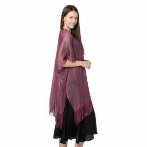 Elegant purple metallic shimmery shawl wrap with stylish fringe detail shown on model
