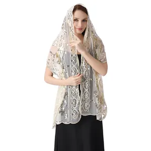 Elegant white sheer shawl with gold sequin heart pattern embroidery shown on model