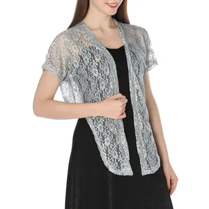 Close-up detail of an elegant silver floral lace bolero shrug for evening dresses