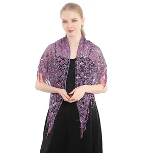 Elegant purple sequin lace shawl with decorative tassels for bridesmaids and evening party wear
