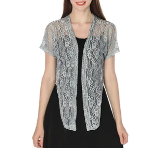 Detailed view of women's elegant grey floral lace shrug cardigan for evening dresses
