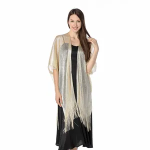 Elegant light gold shimmer metallic thread shawl with fringe tassels for evening gowns.