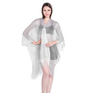 Silver metallic yarn bikini cover-up shawl with tassels and open sleeves design