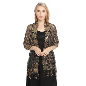 Elegant gold floral sequined lace shawl with delicate tassels for formal evening gowns.