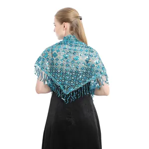 High-quality detailed back view of a teal lace triangular shawl with sequins and fringe tassels