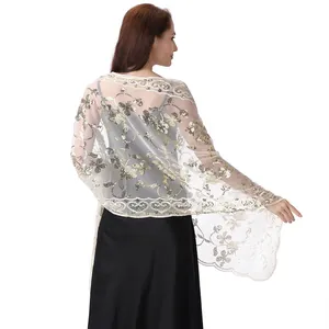 Elegant white floral lace shawl with gold sequins for bridal gown or evening dress