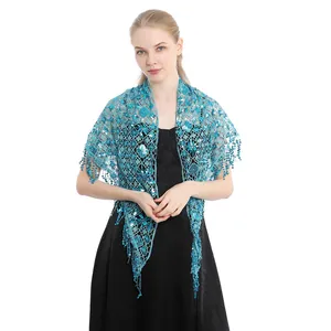 Front view of elegant blue sequin lace shawl with tassels for evening dress party