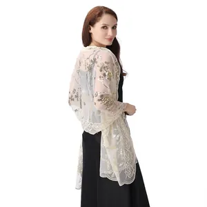 Elegant sequined lace shawl accessory for evening dresses and bridal wear in creamy white finish