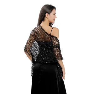 Elegant black sequined fringe shawl wrap for evening party and formal dresses