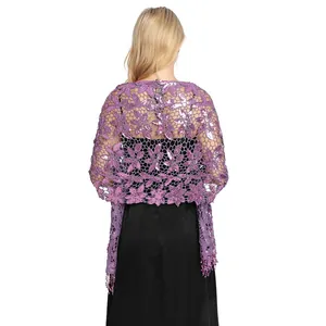 Elegant purple floral lace shawl with sparkling sequins and tassel detail for evening wear