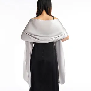 Elegant silver satin shawl for evening dresses, back view draped over black gown
