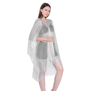 Shimmering silver metallic fringe shawl bikini cover-up with delicate mesh texture