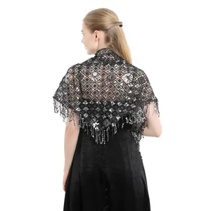 Back view of a elegant black sequin lace triangle shawl with fringe tassels for evening parties
