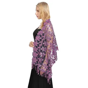 Elegant purple sequin shawl with fringe tassels for evening parties and events.
