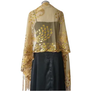 Elegant golden sequined wrap with peacock embroidery and fringe for evening dresses