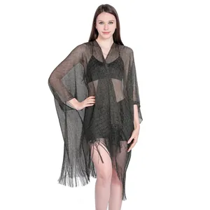 Elegant metallic fringe beach cover up shawl with shimmering lurex thread detail