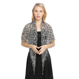 Detail view of silver sequin tassel lace triangle shawl for bridal evening party wear