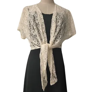 Elegant white lace tie-front shawl bolero shrug for formal dresses and cheongsam