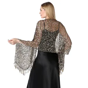Women Sequin Embroidered Shawl Elegant Tassel Wrap For Evening Party Wedding Banquet Stage Performance Sequin Scarf Shawl
