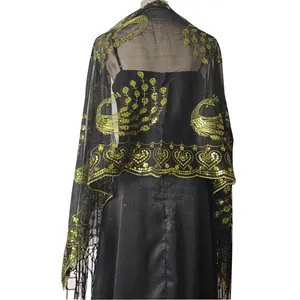 Detailed gold peacock embroidered sequin shawl with elegant tassels for evening gowns