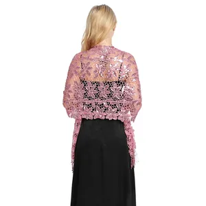 Elegant pink sequined floral shawl with tassels for evening wear back view